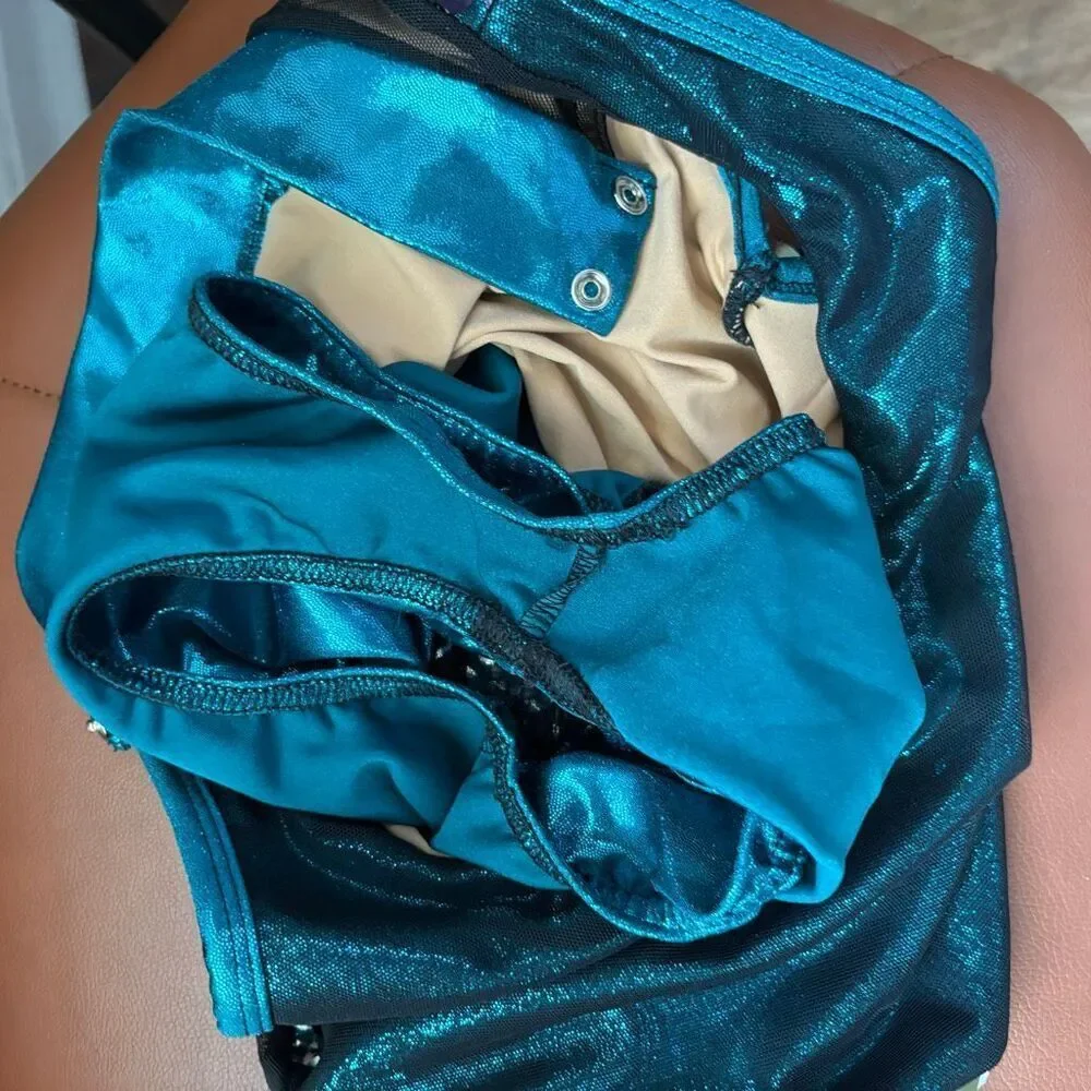 A Wish Come True 21658X XLC Teal Blue Metallic Black Mesh Silver Dance Costume